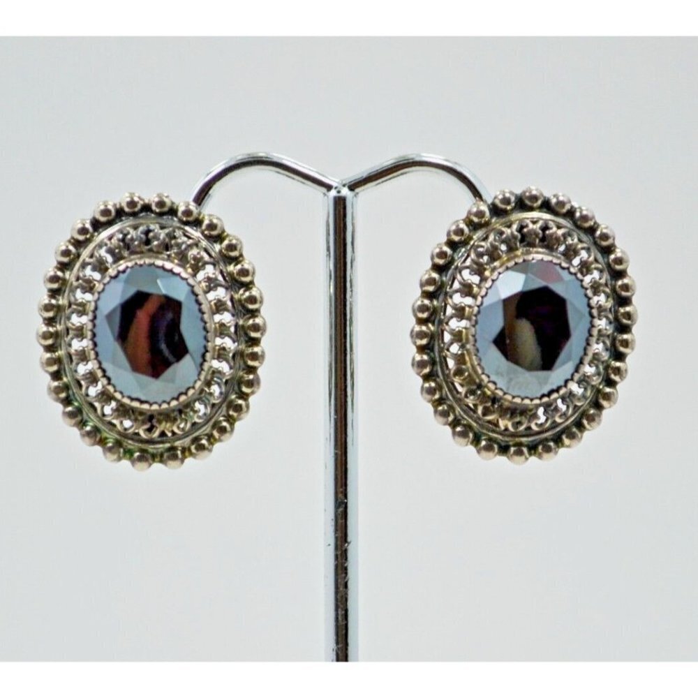 DaneCraft Oval Sterling Clip on Earrings With Hematite Stones Designer Jewelry